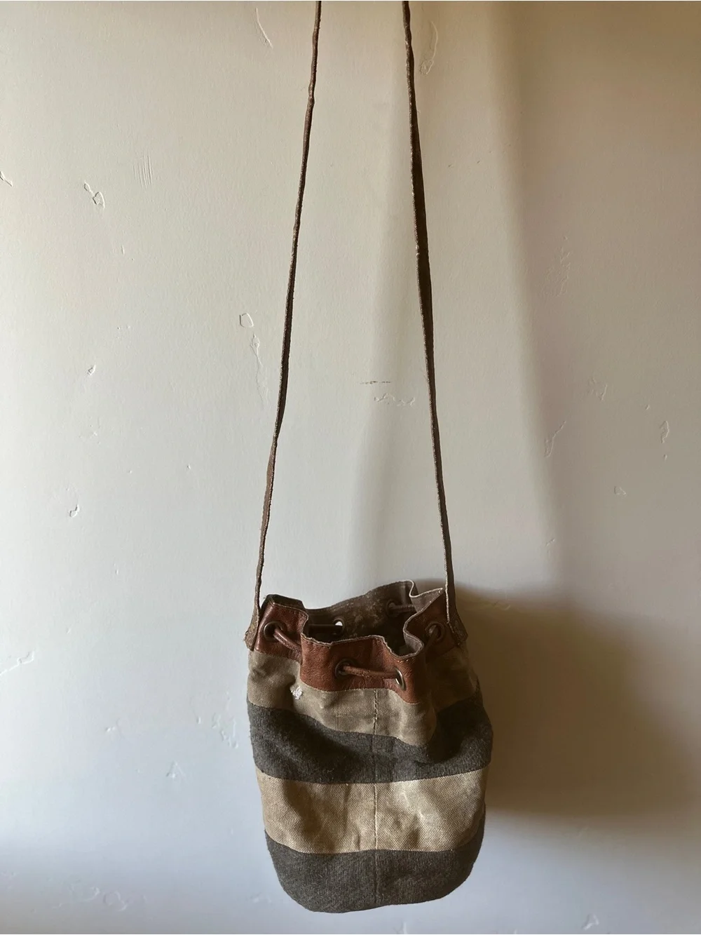 Mona B Striped Canvas Bucket Messenger Bag in Brown and Tan